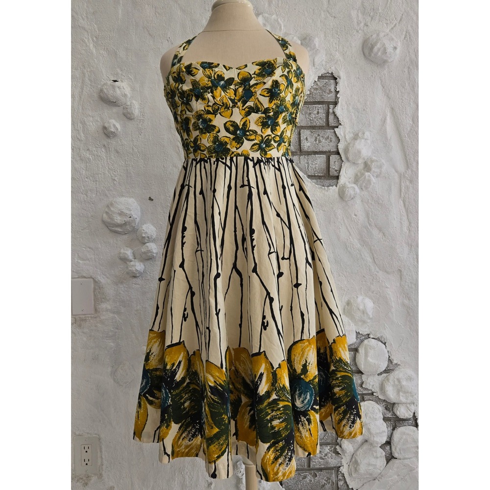 Girls from Savoy Anthropologie Floral Halter Yellow Dress Sz 2 Cottagecore Boho